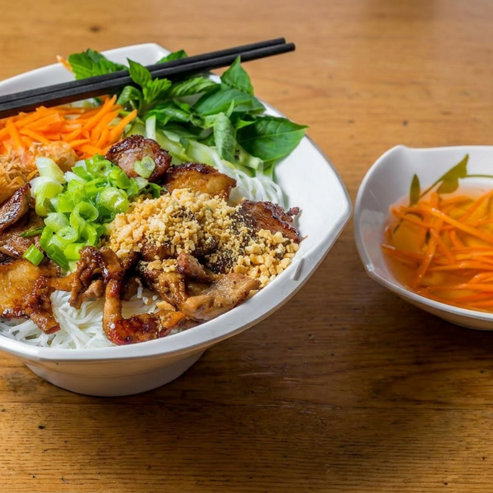 Vietnamese vermicelli bowl with grilled meat, herbs, vegetables, peanuts, chopsticks, and pickled carrots on a wooden table.