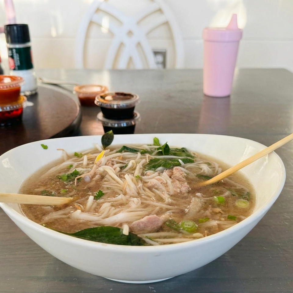 Bowl of Vietnamese pho with noodles, meat, herbs, and bean sprouts on a restaurant table with chopsticks and condiments.