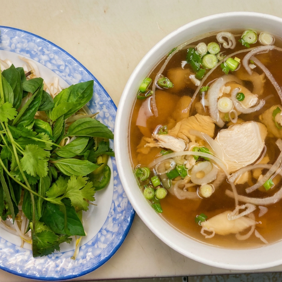 Bowl of Vietnamese pho with sliced meat and scallions beside a plate of fresh herbs, bean sprouts, and chili peppers.