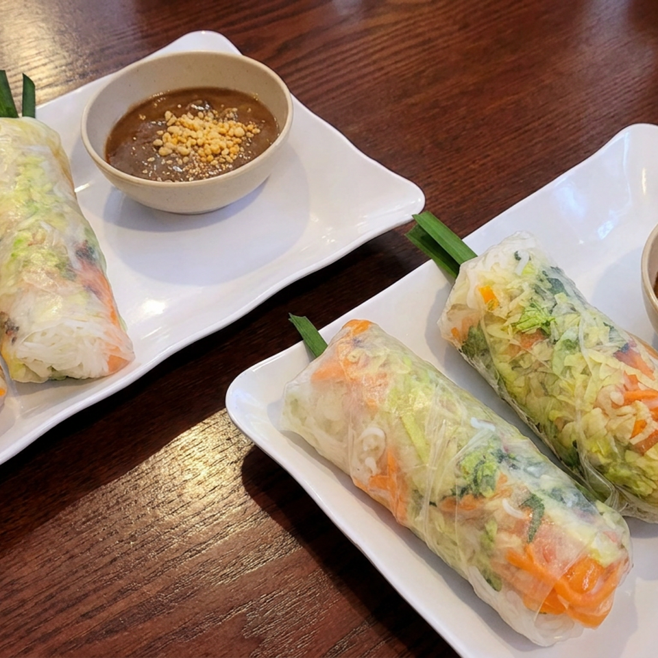 Four fresh Vietnamese spring rolls with vegetables served on white plates alongside bowls of peanut dipping sauce.