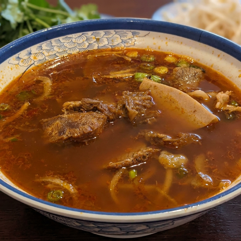 Bowl of spicy beef noodle soup with sliced beef, scallions, and herbs, accompanied by lime and bean sprouts.