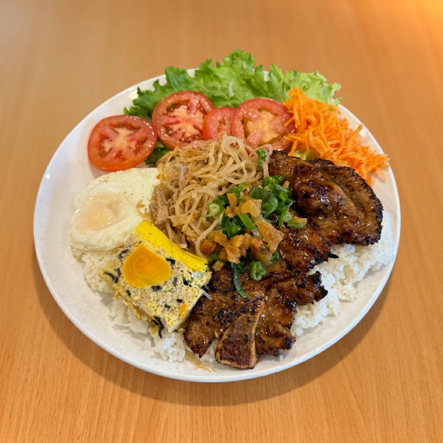 Grilled Pork Chop, Egg Meatloaf, Pork Skin & Fried Egg