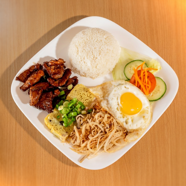 Grilled Pork, Egg Meatloaf, Pork Skin & Fried Egg.